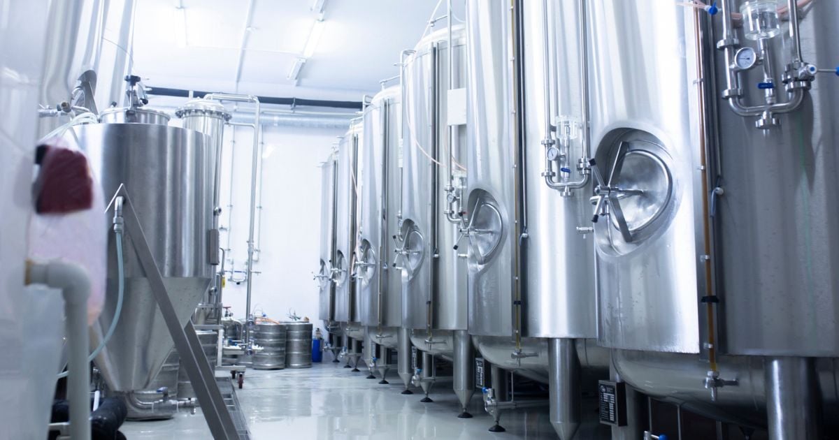 A row of brite tanks in a brewing facility.